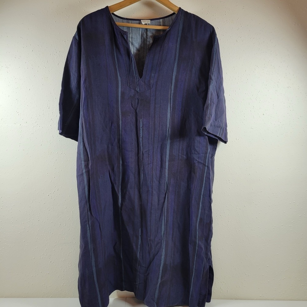 Poetry Shift Dress Womens 14 Purple Linen Tencel Excellent V-Neck Striped Midi
